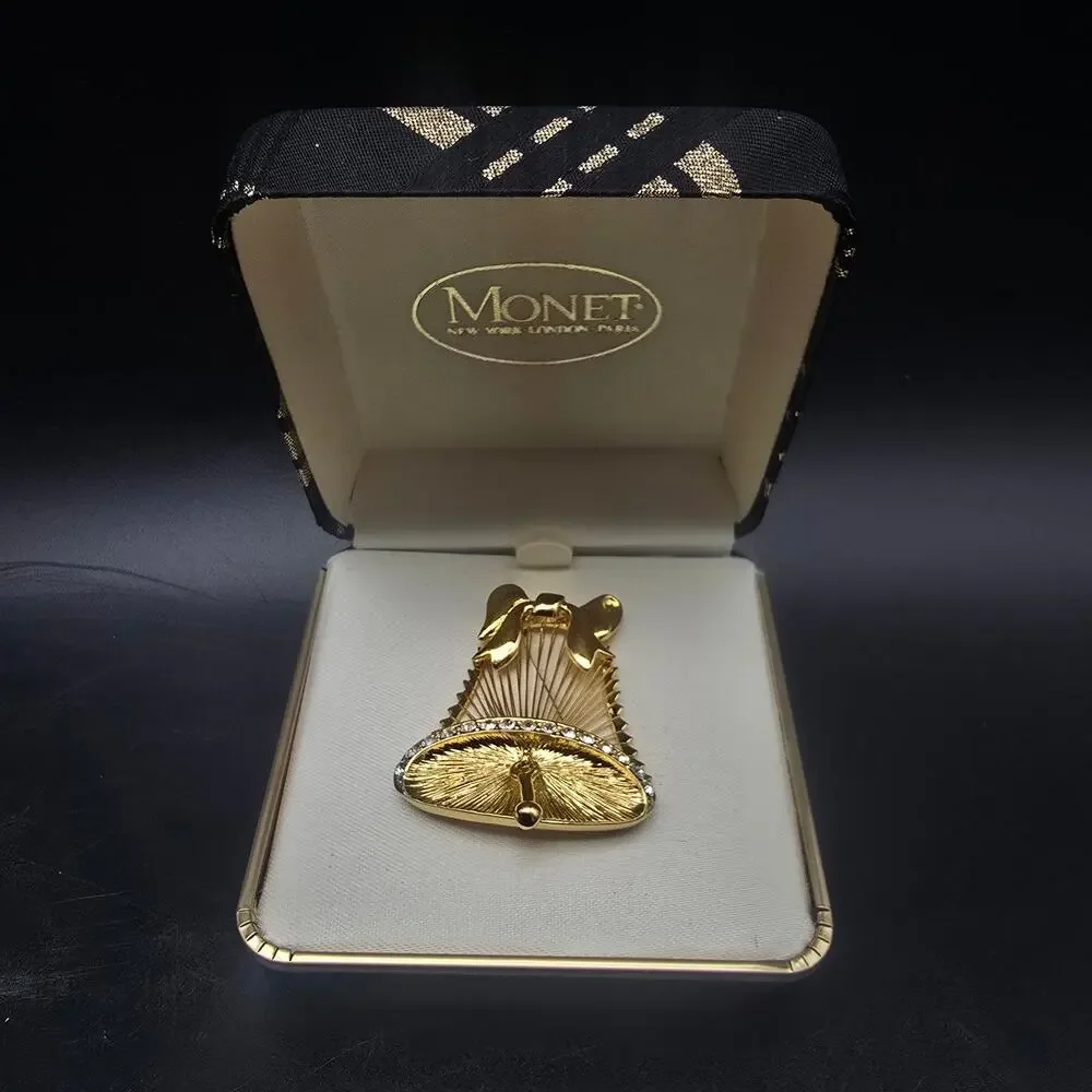 Monet Gold Tone Bell Brooch Christmas Vintage NOS In Box